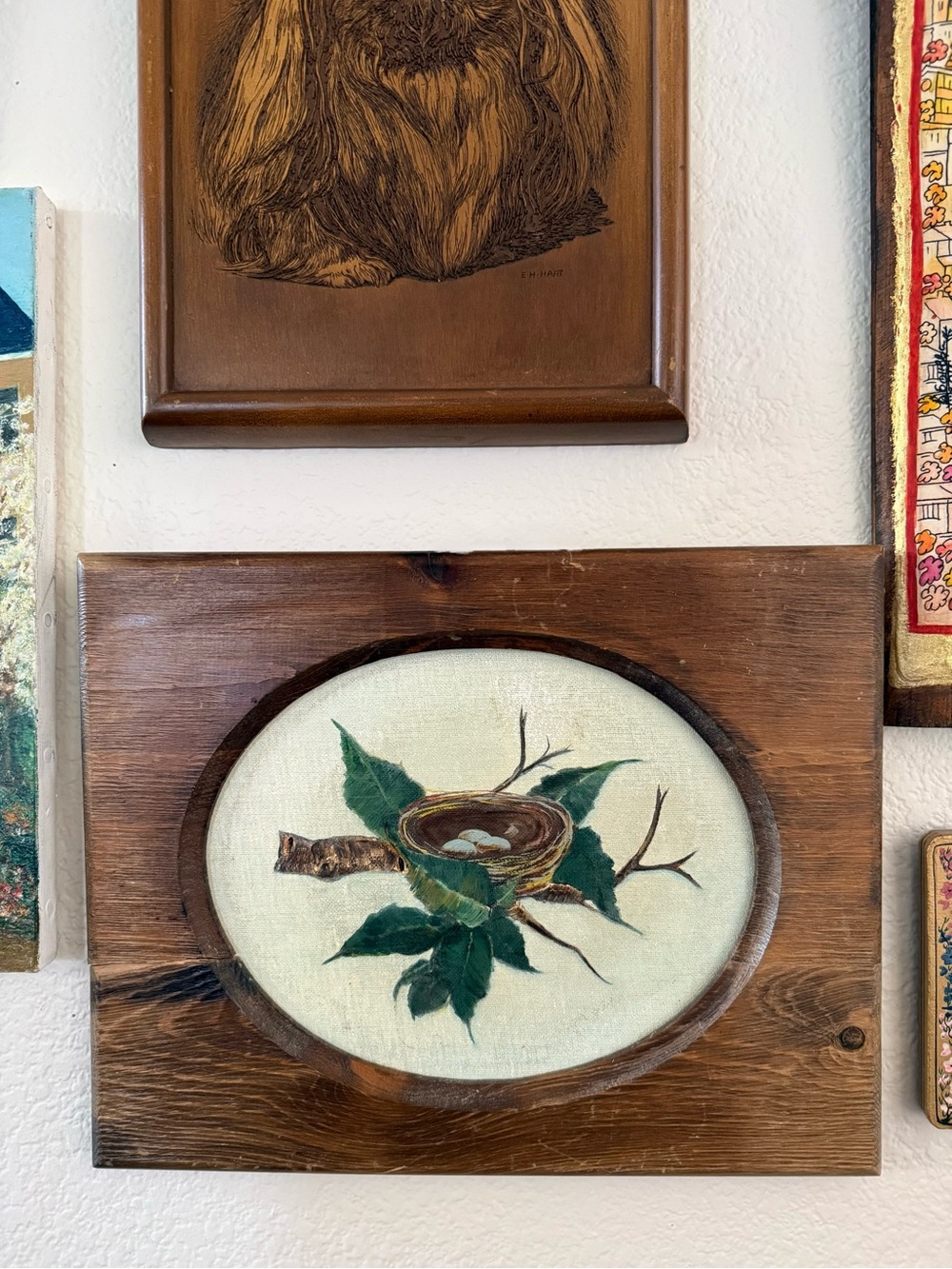 Vintage Original Brown Wood Framed ‘Bird nest’ Oil Painting